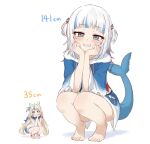  2girls ameneko_kuro animal_costume animal_ears barefoot blonde_hair blue_eyes blue_hair blue_hoodie blush breasts cat_ears closed_mouth commentary_request dress fins fish_girl fish_tail full_body gawr_gura gawr_gura_(1st_costume) grin hair_ornament highres hololive hololive_english hood hoodie indie_virtual_youtuber lifebuoy_hair_ornament long_hair looking_at_viewer low_twintails medium_hair mini_person minigirl multicolored_hair multiple_girls one_side_up sameko_saba shark_costume shark_girl shark_hair_ornament shark_tail sharp_teeth simple_background size_difference sleeveless sleeveless_dress small_breasts smile species_connection squatting streaked_hair tail teeth twintails two_side_up very_long_hair virtual_youtuber voice_actor_connection white_background white_dress white_hair 