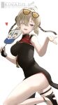  1girl absurdres artist_name black_dress black_gloves black_shoes breasts brown_hair china_dress chinese_clothes commentary_request dress eyewear_on_head fingerless_gloves from_side gloves hair_over_one_eye hand_fan heart highres holding holding_fan kinaco_4738 looking_at_viewer looking_to_the_side medium_breasts one_eye_closed open_mouth pelvic_curtain purple_eyes shoes simple_background single_glove sleeveless sleeveless_dress solo sweety_(zenless_zone_zero) tinted_eyewear tuanshan watermark white_background yellow-tinted_eyewear zenless_zone_zero 
