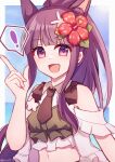  ! 1girl absurdres animal_ears arched_bangs bare_shoulders black_necktie blue_sky border cloud collared_shirt commentary crop_top day dog_ears eyelashes flower frills green_shirt hair_flower hair_ornament hand_up high_ponytail highres index_finger_raised kasumi_(princess_connect!) kasumi_(summer)_(princess_connect!) layered_clothes long_hair looking_at_viewer navel necktie ocean open_mouth outdoors outside_border ponytail princess_connect! purple_eyes purple_hair runa_(runa7733) shirt short_necktie sidelocks sky smile solo speech_bubble spoken_exclamation_mark sunlight twitter_username upper_body white_border white_shirt 