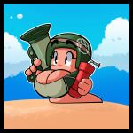 1:1 4_fingers armor banjacks big_breasts black_border blue_sky border breasts clothing cloud combat_helmet day digital_drawing_(artwork) digital_media_(artwork) dynamite explosives eyelashes female feral fingers headgear helmet hi_res holding_dynamite holding_object holding_ranged_weapon holding_weapon huge_breasts limbless noseless outside ranged_weapon rocket_launcher sky solo toony topwear weapon worm worm_(worms) worms_(series)