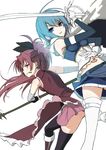  blue_eyes food gloves mahou_shoujo_madoka_magica midriff miki_sayaka multiple_girls ookuma_(nitroplus) pocky polearm red_eyes sakura_kyouko spear sword thighhighs unfinished weapon 