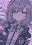  collared_shirt commentary_request danganronpa_(series) danganronpa_2:_goodbye_despair donburi_(minami_don) english_text eyelashes glitch highres jacket medium_hair nanami_chiaki neck_ribbon open_clothes open_jacket psychedelic purple_eyes purple_hair ribbon shirt twitter_username upper_body white_shirt 
