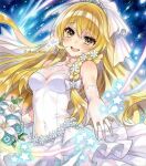  1girl :d alternate_costume blonde_hair bouquet bow braid breasts bridal_veil chacham cleavage commentary_request covered_navel cowboy_shot dress elbow_gloves flower gloves hair_bow hair_flower hair_ornament holding holding_bouquet jewelry kirisame_marisa long_hair looking_at_viewer marker_(medium) medium_breasts outstretched_arm ring see-through_cleavage see-through_clothes side_braid single_braid sleeveless sleeveless_dress smile solo touhou traditional_media twitter_username veil very_long_hair wedding_dress wedding_ring white_bow white_dress white_flower white_gloves yellow_eyes 