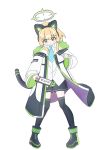  1girl absurdres animal_ear_headphones animal_ears aqua_bow aqua_necktie black_boots black_coat black_shorts black_thighhighs blonde_hair blue_archive blush boots bow buttons cat_ear_headphones cat_ears closed_mouth coat collared_shirt commentary_request fake_animal_ears floating_clothes full_body green_coat green_eyes green_halo hair_bow halo handheld_game_console headphones highres holding holding_handheld_game_console hood hooded_coat long_sleeves looking_down low-tied_sidelocks medium_hair midori_(blue_archive) multicolored_coat necktie open_clothes open_coat pigeon-toed pinching_gesture purple_coat school_uniform shirt short_shorts shorts sidelocks simple_background smile solo standing thighhighs two-sided_coat two-sided_fabric uminekoyukio unbuttoned untucked_shirt white_background white_coat white_shirt wide_sleeves 