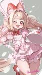  1girl ;d apron blonde_hair blunt_bangs blush bow bowtie braid buttons checkered_clothes chef_hat cherry cowboy_shot crust_(nikke) double-breasted dress food food-themed_hair_ornament frilled_apron frilled_dress frills fruit gloves goddess_of_victory:_nikke grey_background hair_bow hair_intakes hair_ornament happy hat highres holding holding_tray long_hair one_eye_closed open_mouth outline pink_bow pink_dress puffy_short_sleeves puffy_sleeves red_bow red_bowtie red_eyes red_shoes sata_(satawahaha) shoes short_dress short_sleeves sidelocks simple_background smile socks solo standing standing_on_one_leg strawberry_hair_ornament stuffed_toy teeth tray twin_braids twitter_username upper_teeth_only white_apron white_gloves white_outline white_socks 