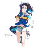  1girl animal_ears bead_bracelet beads belt blue_hair blue_shirt blue_shoes bracelet brown_hair clenched_teeth clothing_cutout colored_inner_hair commentary_request cutoffs daitaku_helios_(umamusume) dated ear_covers half-closed_eye highres horse_ears horse_girl horse_tail jewelry multicolored_hair navel necklace running shirt shoes short_shorts short_sleeves shorts solo sweat tail takuzui teeth tied_shirt twitter_username two-tone_hair umamusume white_background white_shorts wristband yellow_eyes 