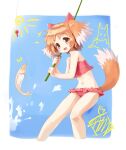  1girl animal_ears blue_sky bow_alma brown_eyes brown_hair dog_ears dog_girl dog_tail emil_chronicle_online fish fishing fishing_rod hair_ribbon haniwa_(near) highres navel ribbon sky swimsuit tail 