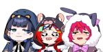  3girls animal_hood black_hair blue_eyes blue_hair blunt_bangs blush bow bowtie chibi chibi_only closed_eyes commentary dasdokter english_commentary fur-trimmed_hood fur_trim hakos_baelz hololive hololive_english hood hood_up irys_(hololive) jitome multicolored_hair multiple_girls open_mouth ouro_kronii pink_bow pink_bowtie pink_hair red_hair simple_background tearing_up two-tone_hair virtual_youtuber wavy_mouth white_background white_hair 
