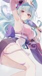  1girl absurdres apron aqua_hair armpit_focus armpits back_bow bow breasts commentary detached_sleeves feet_out_of_frame genshin_impact hand_fan highres holding holding_fan japanese_clothes jujube_2513 kimono large_breasts long_hair looking_at_viewer looking_to_the_side nihongami paper_fan parted_lips pink_kimono pointy_ears presenting_armpit purple_bow purple_eyes solo twitter_username uchiwa waist_apron watermark white_apron yumemizuki_mizuki 