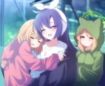  3girls ^_^ alternate_costume animal_ear_hood animal_print blonde_hair blue_archive blue_hair blue_jacket blue_pajamas blurry blurry_background building carrying carrying_person cat_print closed_eyes green_eyes green_halo green_hoodie halo headscarf highres hood hoodie indoors jacket kaine_(gupisgood) long_hair mechanical_halo midori_(blue_archive) momoi_(blue_archive) multiple_girls night pajamas pink_hoodie siblings sisters skyscraper sleeping smile sweat twins white_headscarf window yuuka_(blue_archive) yuuka_(pajamas)_(blue_archive) zipper 