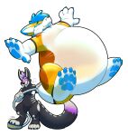 absurd_res animate_inanimate anthro canid canine duo floating hades_(atris_trinity) hi_res hose hose_in_tail hose_inflation inflatable inflation kooper_(koopershiba) living_inflatable male male/male mammal pool_toy rawr_(artist)