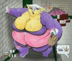 2025 5_fingers anthro bat bat_wings belly big_belly big_breasts big_butt black_nose bodily_fluids boots breasts butt chubby_cheeks cleavage clothed clothing english_text eyelashes eyeshadow female fingers footwear gloves green_eyes hair handwear holding_bag hud huge_belly huge_breasts huge_butt hyper hyper_belly hyper_butt jumpsuit lidded_eyes long_eyelashes makeup mammal membrane_(anatomy) membranous_wings mixed_media morbidly_obese morbidly_obese_anthro morbidly_obese_female obese obese_anthro obese_female open_mouth overweight overweight_anthro overweight_female purple_boots purple_clothing purple_footwear rouge_the_bat sega shoes snaphappy solo sonic_the_hedgehog_(series) speech_bubble stairs sweat sweating_profusely text tongue white_clothing white_gloves white_hair white_handwear wings