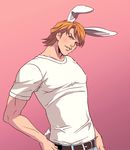  animal_ears blonde_hair blue_eyes bunny_ears bunny_tail denim extra_ears imasan jeans keith_goodman kemonomimi_mode male_focus pants pink_background shirt solo t-shirt tail tiger_&amp;_bunny 