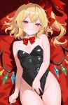  1girl absurdres alternate_costume animal_ears ass_visible_through_thighs bare_arms bare_shoulders black_leotard blonde_hair bow bowtie breasts cleavage covered_navel crystal_wings detached_collar fake_animal_ears flandre_scarlet grin hair_bow hand_on_own_crotch highleg highleg_leotard highres leotard long_hair looking_at_viewer one_side_up playboy_bunny pointy_ears rabbit_ears red_eyes small_breasts smile solo strapless strapless_leotard sweat thigh_gap thighs tillots touhou 