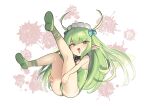 1girl antenna_hair ass bare_shoulders black_souls breasts collar fairy fairy_wings green_eyes green_hair green_leotard green_shoes hands_on_own_thighs highres kneepits leaf_(black_souls) leaning_back legs legs_up leotard long_hair maid_headdress monomogi naughty_face open_mouth pointy_ears shoes sitting small_breasts smile solo strapless strapless_leotard thighs wings 