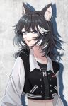  1girl absurdres animal_ear_piercing animal_ears barbell_piercing black_hair black_jacket black_shirt blue_eyes buckle buttons chain clothes_writing dog_ears dog_girl ear_piercing fang highres industrial_piercing jacket kmnz long_sleeves looking_at_viewer medium_hair midriff multicolored_hair multicolored_jacket navel nero_(kmnz) open_clothes open_jacket open_mouth pants piercing shirt skin_fang solo streaked_hair swept_bangs two-tone_jacket upper_body virtual_youtuber white_jacket white_streaks yawl 