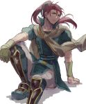  1boy commentary_request fire_emblem fire_emblem:_path_of_radiance gloves green_eyes highres kometubu0712 long_hair male_focus parted_lips ponytail red_eyes shinon_(fire_emblem) simple_background single_glove sitting solo 
