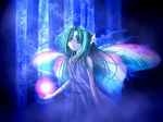  aqua_eyes aqua_hair dress fairy_wings jewelry long_hair magic move original sleeveless sleeveless_dress solo tree wings 