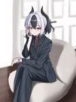  1girl :| absurdres alternate_costume black_hair black_horns black_jacket black_pants black_suit blue_archive brown_shirt buttoned_cuffs buttons chinese_commentary closed_mouth collared_shirt commentary_request demon_horns double-parted_bangs dress_shirt feet_out_of_frame gradient_hair hair_between_eyes highres holding holding_own_hair horns indoors jacket kayoko_(blue_archive) lapels layered_sleeves light_blush long_sleeves looking_at_viewer making-of_available multicolored_hair no_halo pants shirt short_hair sidelocks sitting solo streaked_hair striped_horns suit suit_jacket two-tone_hair watch white_hair wristwatch xiaoxiaoyifan 