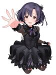  1girl black_dress black_hair black_thighhighs breasts character_request commentary_request copyright_request dress hair_between_eyes highres long_sleeves mariabowl open_hand open_mouth simple_background small_breasts thighhighs white_background zettai_ryouiki 
