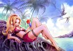  artist_request bare_legs barefoot bikini_top blonde_hair blue_hawaii brown_eyes flower full_body glass hibiscus long_hair official_art palm_tree phantom_kingdom ponytail shorts smile solo summer tree tropical_drink whip_master_(phantom_kingdom) 