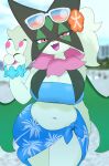 4_fingers abdominal_bulge accessory anthro beach beach_style_meowscarada big_breasts bikini bikini_top biped blurred_background bottomwear bracelet breast_curtains breasts cleavage clothed clothing digital_drawing_(artwork) digital_media_(artwork) eyelashes eyewear eyewear_on_head female fingers flower flower_bracelet flower_in_hair fur generation_9_pokemon gesture green_body green_fur hair hair_accessory hand_gesture hi_res huge_breasts jewelry looking_at_viewer mask meowscarada miami navel nintendo open_mouth open_smile pink_eyes plant pokemon pokemon_(species) pokemon_unite pupils sarong skirt smile solo sunglasses sunglasses_on_head swimwear thick_thighs tongue two-piece_swimsuit v_sign zilikslider