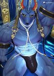 abs anthro anubian_jackal anubis armband barazoku biceps big_bulge big_muscles big_pecs black_armband black_clothing black_nose black_sclera black_thong black_underwear bulge canid canine canis clothing deity dislyte drew_(dislyte) ear_piercing egyptian egyptian_clothing egyptian_headdress egyptian_mythology gold_(metal) hand_behind_head hi_res hieroglyphics jackal jewelry lilith_games looking_at_viewer male mammal manly middle_eastern_mythology mostly_nude muscular muscular_anthro muscular_arms muscular_male muscular_thighs mythology nemes_(clothing) nipples panties patreon patreon_logo patreon_username pecs piercing sitting solo thong underwear wolfblack43 yellow_eyes