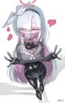  1girl absurdres black_gloves black_hairband black_shirt blue_archive blush bodysuit bow braid breasts cellphone clothes_lift colored_inner_hair covered_navel doodle_sensei_(blue_archive) eyes_visible_through_hair full_body gloves grey_eyes grey_hair hair_bow hair_ornament hair_over_one_eye hair_ribbon hairband heart heart-shaped_pupils highres holding holding_phone latex latex_bodysuit lifting_own_clothes long_hair looking_at_viewer mrsc multicolored_hair phone plana_(blue_archive) pov purple_hair purple_mask ribbon sensei_(blue_archive) shirt shirt_lift side_braid sidelocks simple_background single_braid skin_tight small_breasts smartphone solo symbol-shaped_pupils two-tone_hair white_background white_ribbon 