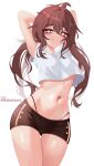  1girl absurdres arms_behind_back artist_name black_shorts breasts brown_hair close-up closed_mouth commentary cowboy_shot crop_top cropped_shirt english_commentary flower-shaped_pupils g-string genshin_impact groin highleg highleg_panties highres hu_tao_(genshin_impact) long_hair looking_at_viewer midriff navel navel_focus nebulaere no_bra panties panty_straps red_eyes short_shorts shorts simple_background small_breasts smile solo stomach symbol-shaped_pupils thigh_gap thong torso twitter_username underboob underwear white_background 