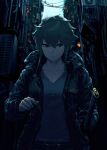  1girl alley aratama_(toji_no_miko) belt black_jacket braided_sidelock breasts cleavage closed_mouth collarbone condenser_unit grey_shirt hair_between_eyes highres hood hooded_jacket jacket katana long_sleeves mikel_(4hands) open_clothes open_jacket shidou_maki_(toji_no_miko) shirt short_hair small_breasts solo standing sword toji_no_miko v-neck weapon 