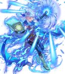  1girl alternate_eye_color attack aura blue_eyes blue_fire blue_headband blue_light book breasts fingerless_gloves fire fire_emblem fire_emblem:_radiant_dawn fire_emblem_engage fire_emblem_heroes gloves headband highres holding holding_book light_rays medium_breasts micaiah_(emblem)_(fire_emblem) micaiah_(fire_emblem) non-web_source official_alternate_eye_color official_art open_book open_mouth pantyhose scarf solo suzuki_rika white_hair 