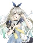  1girl absurdres alternate_costume black_choker blue_dress blue_pupils bow bow_choker caelus_(honkai:_star_rail) character_doll choker doll dress firefly_(honkai:_star_rail) frilled_dress frills gradient_eyes grey_hair hair_between_eyes hair_intakes hand_in_own_hair highres holding holding_doll honkai:_star_rail honkai_(series) miyura1010 multicolored_eyes open_mouth ribbon ribbon-trimmed_headwear ribbon_trim simple_background smile solo stuffed_toy teeth trailblazer&#039;s_hat_(honkai:_star_rail) trailblazer_(honkai:_star_rail) upper_teeth_only watch white_background yellow_ribbon 