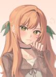  1girl :t black_choker blonde_hair blush brown_cardigan cardigan casual chi_kan100 choker closed_mouth collarbone curled_fingers furrowed_brow gradient_background green_eyes green_ribbon hair_between_eyes hair_intakes hair_ribbon head_tilt inda_karane kimi_no_koto_ga_dai_dai_dai_dai_daisuki_na_100-nin_no_kanojo long_sleeves looking_at_viewer orange_background parted_bangs portrait puff_of_air ribbed_cardigan ribbon shirt sleeves_past_wrists smile solo twirling_hair two_side_up white_background white_shirt 