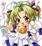  1girl animal_ears animal_hands animal_hat apron bell blue_dress cat_ears cat_hat character_name curtained_hair dejiko di_gi_charat dress fang gloves green_hair hair_bell hair_ornament hat highres jingle_bell looking_at_viewer midnight_kakushi neck_bell open_mouth paw_gloves short_hair simple_background solo white_apron white_background white_gloves 