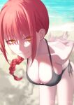  1girl absurdres alternate_costume arms_behind_back beach bikini black_bikini braid breasts chainsaw_man closed_mouth day highres large_breasts leaning_forward looking_at_viewer makima_(chainsaw_man) ocean outdoors ringed_eyes sand single_braid smile solo swimsuit tare_negima yellow_eyes 