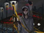  1boy :| bag bags_under_eyes black_gloves black_hair building caution_tape cityscape closed_mouth cry_of_fear english_text fingerless_gloves gloves grey_hoodie holding_tape hood hood_up hoodie kerwind1200 lamppost looking_at_viewer male_focus multiple_views narration short_hair shoulder_bag simon_henriksson solo 