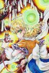  1girl arm_warmers back_bow blonde_hair bow brown_shirt closed_mouth commentary_request danmaku from_behind green_eyes highres looking_at_viewer looking_back marker_(medium) mizuhashi_parsee nail_(hardware) papapapappa123 pointy_ears sash scarf shirt short_hair short_sleeves smile solo straw_doll talisman touhou traditional_media upper_body watermark watermark_grid wavy_hair white_bow white_sash white_scarf 
