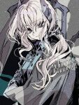  1girl blue_jacket cape closed_mouth film_grain green_cape grey_background grey_eyes grey_hair hair_ornament jacket looking_at_viewer low_ponytail military_uniform ponytail reverse:1999 sentinel_(reverse:1999) solo upper_body yuzu_(parasitic_910) 
