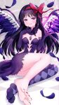  1girl akemi_homura akuma_homura black_hair elbow_gloves gloves highres long_hair looking_at_viewer mahou_shoujo_madoka_magica mahou_shoujo_madoka_magica:_hangyaku_no_monogatari nail_polish parted_lips purple_eyes red_ribbon ribbon single_bare_foot solo suzukkyu toenail_polish toenails wings 