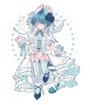  1boy absurdres animal_ear_fluff animal_ears aqua_eyes aqua_hair aqua_nails aqua_ribbon aqua_theme ass_visible_through_thighs black_flower black_rose black_shoes blush bright_pupils cat_boy cat_ears cat_tail closed_mouth commentary corset crossdressing dated_commentary detached_sleeves eyes_visible_through_hair fang flower full_body garter_straps groin hair_flower hair_ornament hair_ribbon hand_up highres leg_up male_focus original ozureiji panties puffy_short_sleeves puffy_sleeves ribbon rose shoes short_hair short_sleeves showgirl_skirt side-tie_panties skin_fang smile socks socks_over_thighhighs solo symbol-only_commentary tail tail_ornament tail_ribbon thighhighs trap tsurime underwear white_corset white_panties white_pupils white_ribbon white_socks white_thighhighs wrist_cuffs 