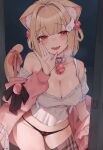  1girl absurdres animal_collar animal_ear_fluff animal_ears bell black_panties blonde_hair blush breasts cardigan cat_ears cat_girl cat_tail cleavage collar commentary_request fang hair_ornament heart heart-shaped_pupils highres kaguya_(srx61800) kemomimi_refle! large_breasts looking_at_viewer neck_bell nekoma_karin open_clothes panties pink_cardigan pink_ribbon red_eyes ribbon shirt skin_fang solo strap_slip symbol-shaped_pupils tail tail_ornament tail_ribbon underwear virtual_youtuber white_collar white_shirt wing_hair_ornament 