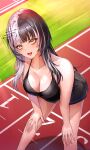  1girl black_hair black_shorts black_sports_bra breasts cleavage grey_hair highres hololive hololive_english large_breasts leaning_forward looking_at_viewer misa_pika multicolored_hair open_mouth outdoors shiori_novella shorts solo split-color_hair sports_bra sweat track_and_field two-tone_hair very_sweaty virtual_youtuber yellow_eyes 
