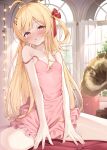  1girl blonde_hair blush breasts brown_eyes commentary_request dress hair_ribbon highres hololive indoors long_hair looking_at_viewer otonose_kanade parted_lips pink_dress red_ribbon ribbon shimo_(shimo332215) sitting small_breasts solo spaghetti_strap thighs variant_set very_long_hair virtual_youtuber window 