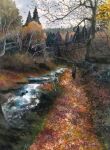  1boy bare_tree bush day dead_plants forest highres nature original painting_(medium) path pine_tree river riverbank solo traditional_media tree water watercolor_(medium) yuki_furasi 