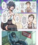  1boy 1girl absurdres armchair artist_name black_choker black_hair black_skirt black_thighhighs breasts brown_hair chair choker cleavage coat collarbone commentary crossed_bangs doctor double-parted_bangs earrings english_commentary english_text fang glasses hair_between_eyes hand_on_own_chin hands_on_own_chest hands_up high-waist_skirt highres intravenous_drip iv_stand jewelry kin_(senukin) musical_note open_mouth original own_hands_together raised_inner_eyebrows rectangular_eyewear red_eyes senukin shirt short_hair side_slit sitting skin_fang skirt sleeves_rolled_up speech_bubble stethoscope stethoscope_around_neck sweat talking thighhighs twitter_username white_coat white_shirt worried wristband 