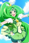  1girl big_hair blue_background cure_march green green_eyes green_hair green_shorts green_skirt long_hair magical_girl midorikawa_nao open_mouth outstretched_arms precure shorts shorts_under_skirt skirt smile_precure! solo spread_arms tiara tri_tails 