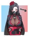  1girl between_breasts black_hair black_nails blue_background blush bodysuit breasts commentary english_commentary fingerless_gloves fingernails flower game_console gloves goddess_of_victory:_nikke gradient_background hair_flower hair_ornament highres huge_breasts jacket lock long_hair looking_at_viewer maiden_(nikke) mask mouth_mask nail_polish nintendo_switch_2 noorung padlock padlocked_collar red_background red_eyes side_part solo spikes strap_between_breasts turtleneck upper_body very_long_hair white_background wing_collar 