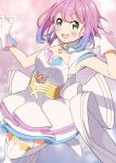  1girl :d arm_at_side blue_hair blush dress gloves gold_trim gradient_hair green_eyes hand_up heterochromia highres himemori_luna hololive looking_at_viewer magical_girl mahou_shoujo_holowitch! multicolored_hair official_alternate_costume open_mouth pink_hair purple_eyes purple_hair short_dress short_hair short_sleeves sideways_glance smile solo standing standing_on_one_leg teeth thighhighs tomoyasu_(sbln_qp10) upper_teeth_only virtual_youtuber white_dress white_gloves white_thighhighs 