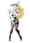  1girl ;d alcohol animal_ear_hairband animal_ears black_pantyhose black_shoes blonde_hair blue_eyes blue_gemstone blue_leotard blue_nails bottle bottle_between_thighs breasts champagne champagne_bottle cleavage commentary_request corkscrew curly_hair detached_collar dragon_quest dragon_quest_iii earrings fake_animal_ears fake_tail fishnet_pantyhose fishnets full_body gadabout_(dq3) gem hairband high_heels highres holding holding_bottle jewelry large_breasts leotard long_hair looking_at_viewer mochimochinpo one_eye_closed pantyhose playboy_bunny rabbit_ears rabbit_tail shoes smile solo sphere_earrings strapless strapless_leotard tail white_background wrist_cuffs 