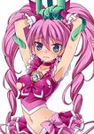  3: armpits arms_up blue_eyes bow breasts choker covered_nipples cure_melody heart houjou_hibiki katsuma_rei magical_girl medium_breasts midriff navel pink_bow pink_choker pink_hair precure simple_background solo suite_precure tentacles torn_clothes twintails white_background 